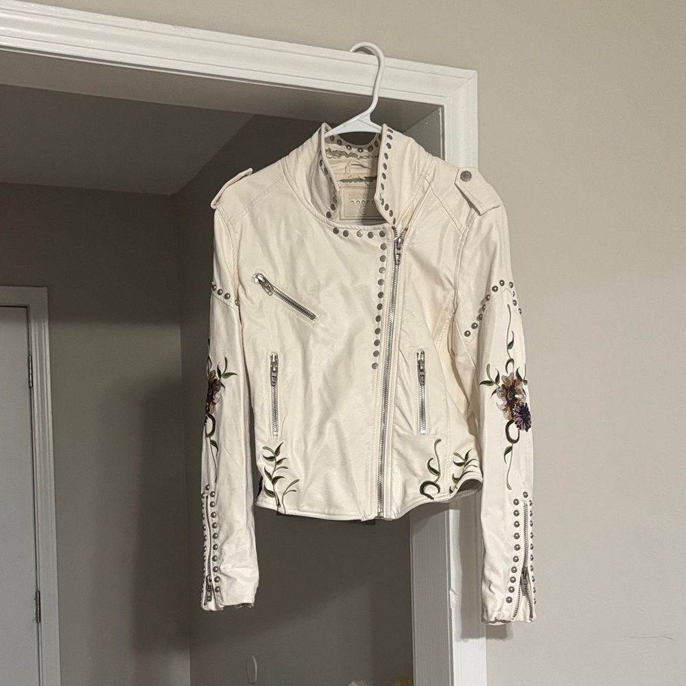 Blank NYC White Leather Jacket with Studs and Floral Design